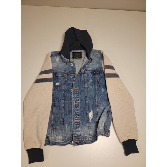 Zara Other - Zara Man Distressed Denim Hoodie Jacket Blue Cream Size S Small Mixed Media